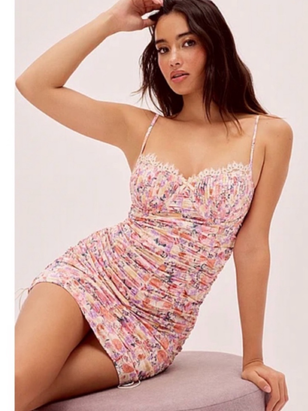 For love & lemons gardenia floral satin corset ruched mini dress sz m